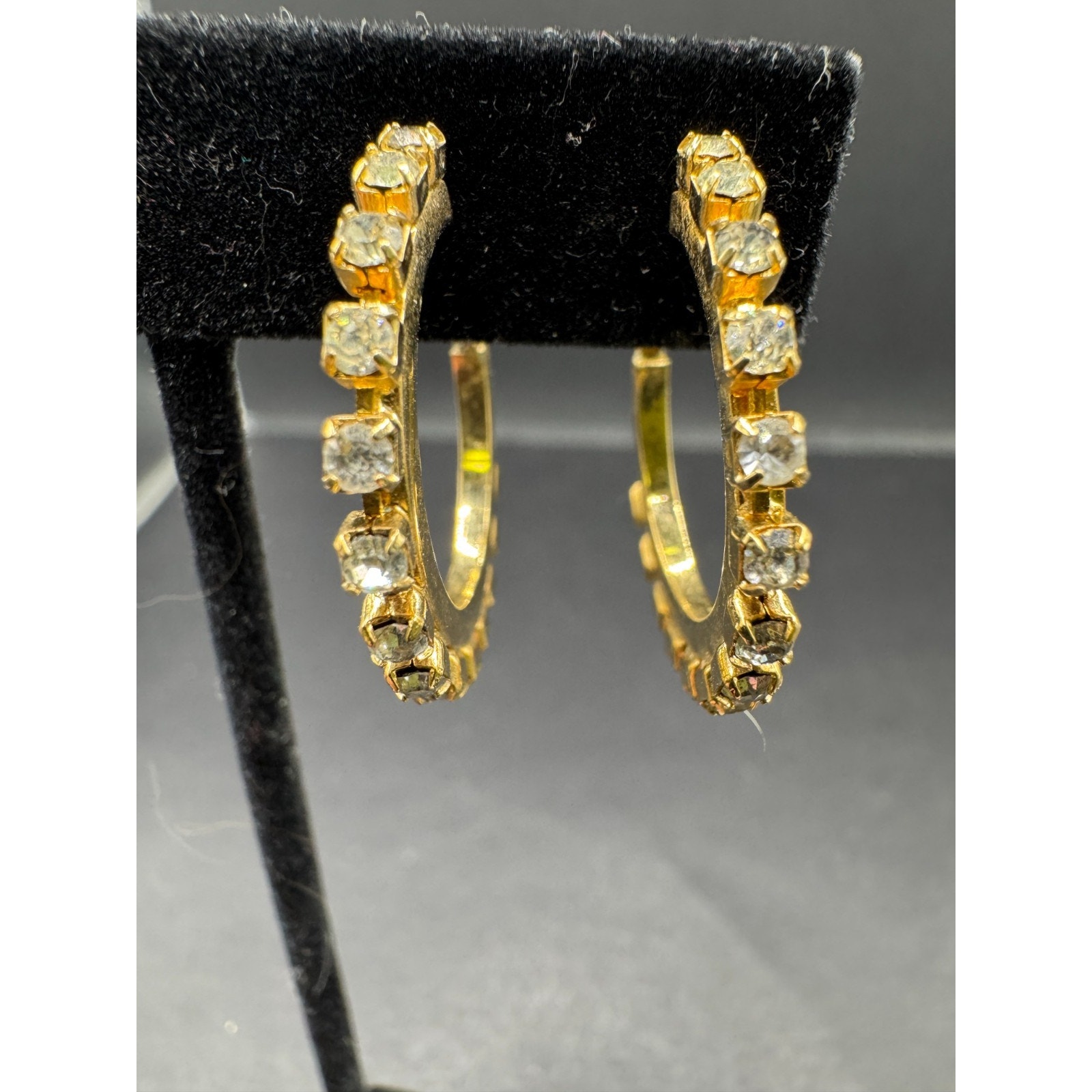 Vintage Bergere Gold Tone Rhinestone Hoop Clip On Earrings Signed 25$